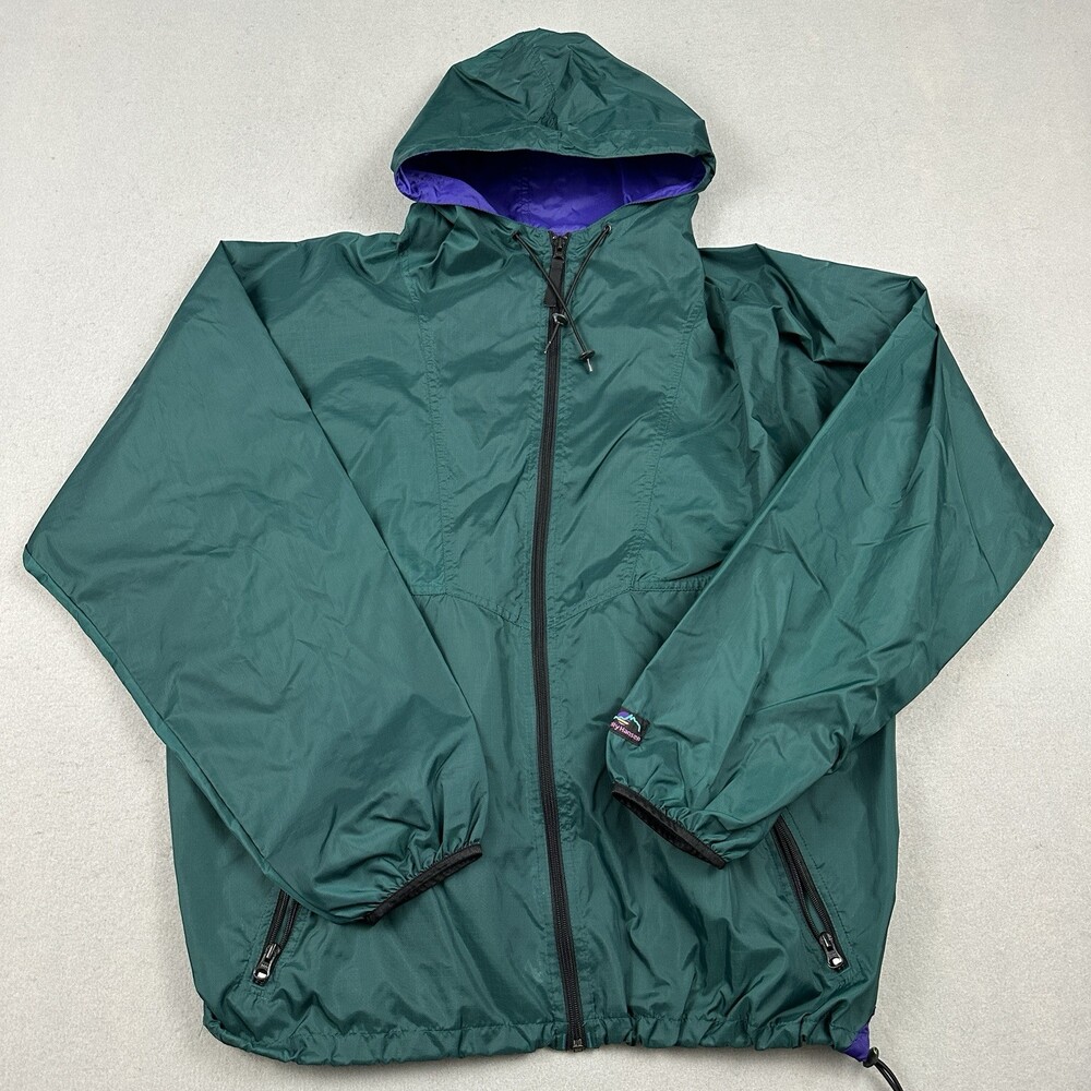 Vintage Helly Hansen Jacket Men Large Green Windbreaker Zip Hood Rip Stop Nylon